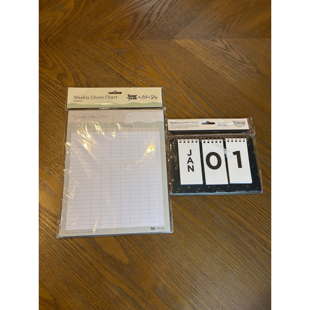 Blue Sky Perpetual Calendar and Your Year Weekly Chore Chart Set Navy Gold Star